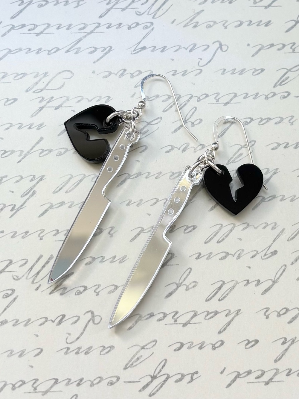 Handmade Black Heart & Silver Acrylic Knife Dangle Earrings Sterling Silver